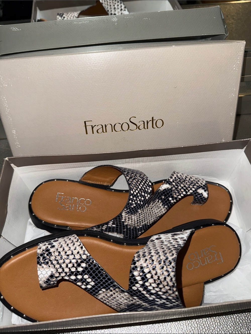Franco Sarto Black and White Snake-Print Slide Sandals